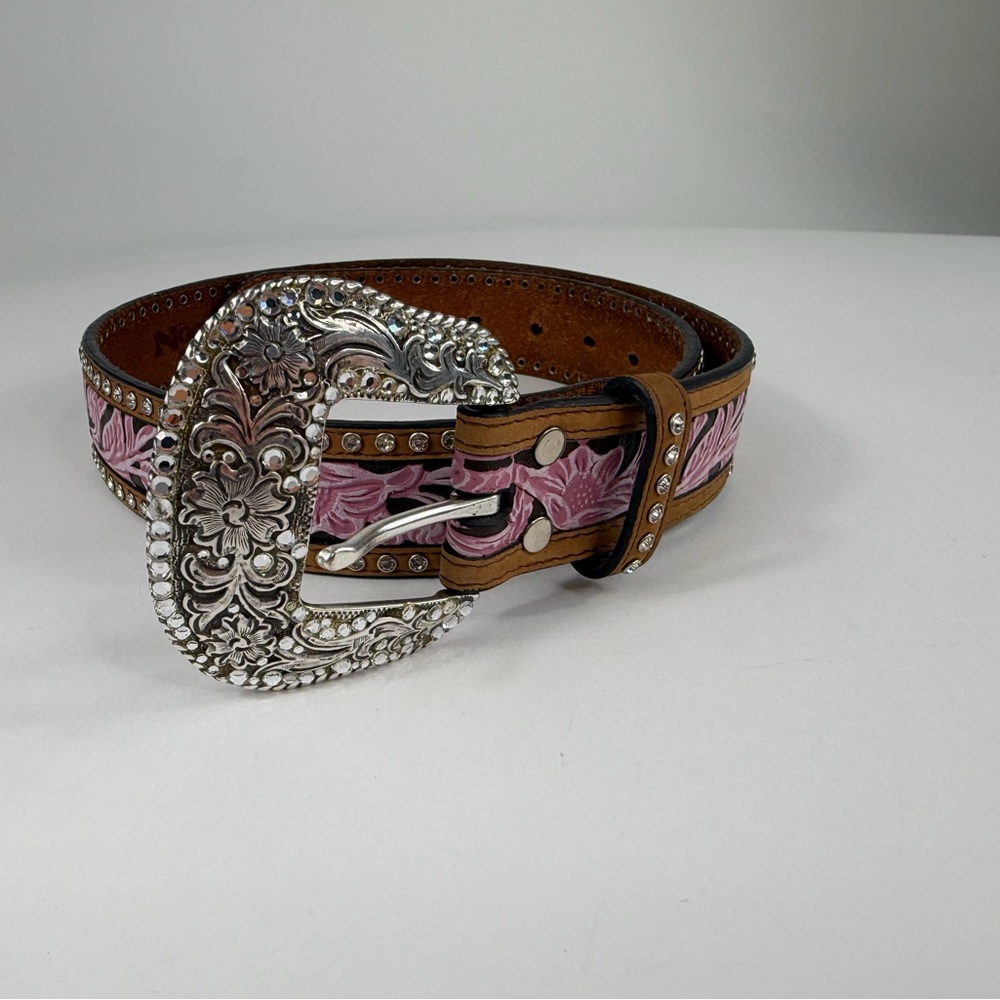Elegant Cowgirl Pink Rhinestone Floral Belt with Silver Buckle ~ YEEHAW - Picture 5 of 11